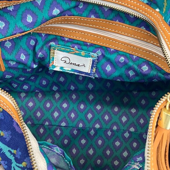 Dena Blue & Multicolor Tapestry Travel Bag Leather Accents No Strap - Picture 4 of 6